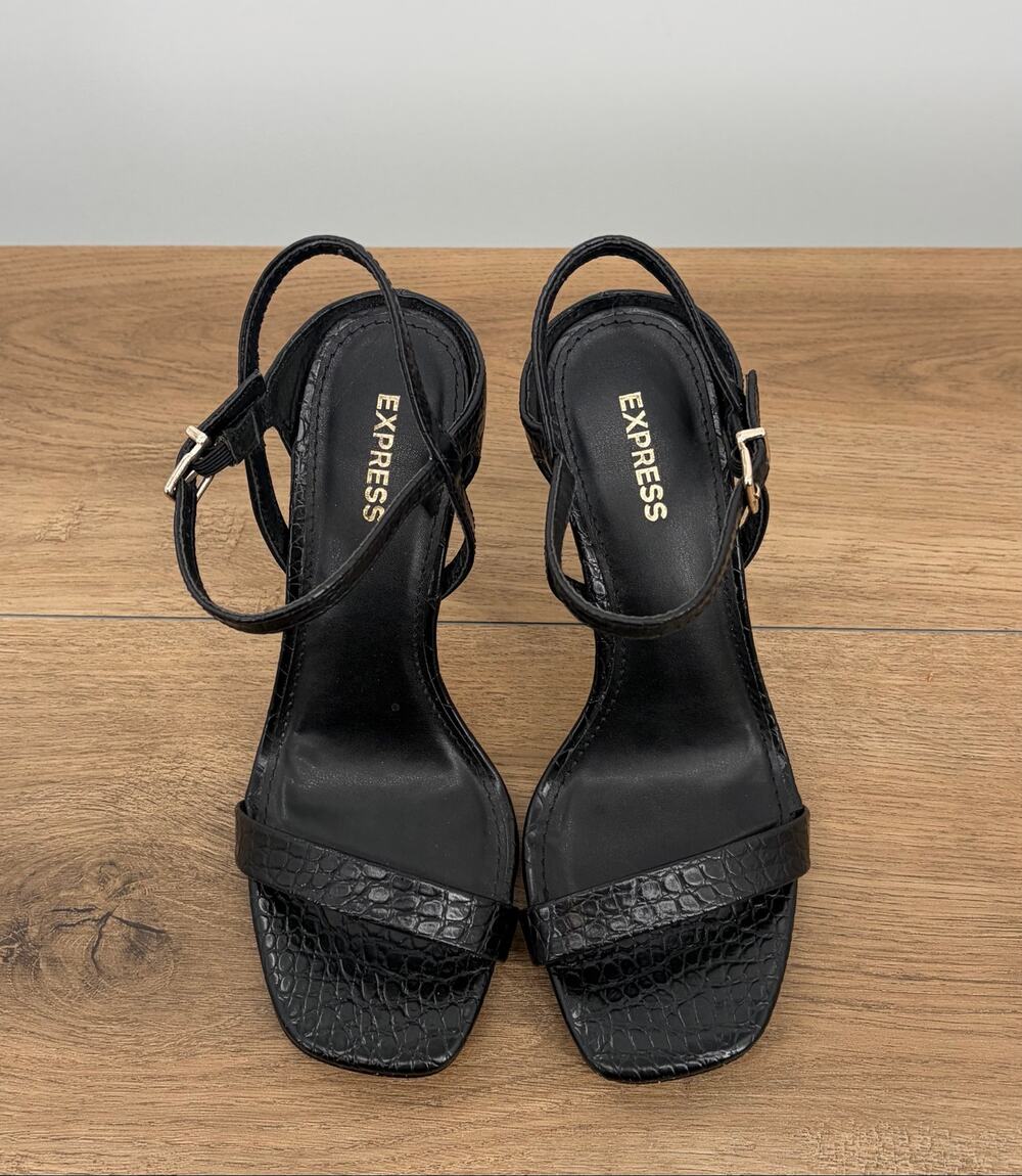 Express Black Croc Embossed Square Toe Stiletto Ankle Strap Heels - Picture 2 of 10